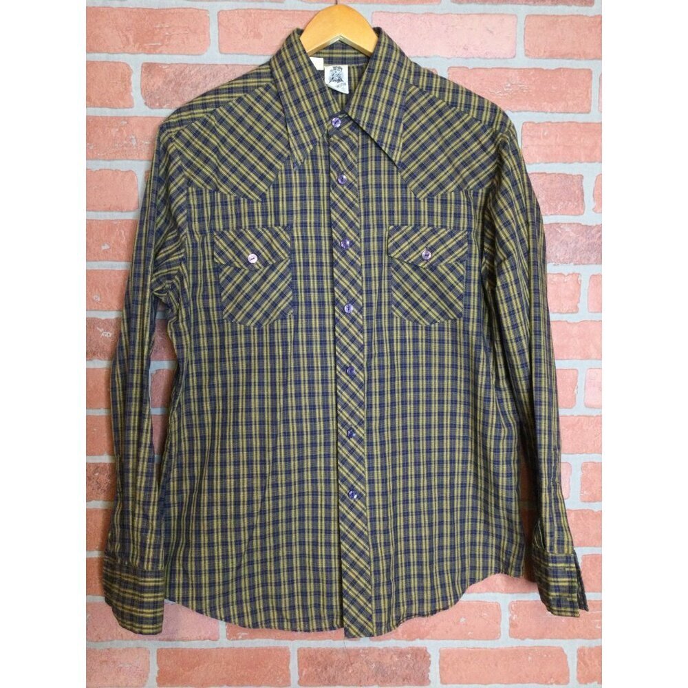 Kennington Mens Western Plaid Shirt Size 16.5 Vintage 1970s Long Sleeve